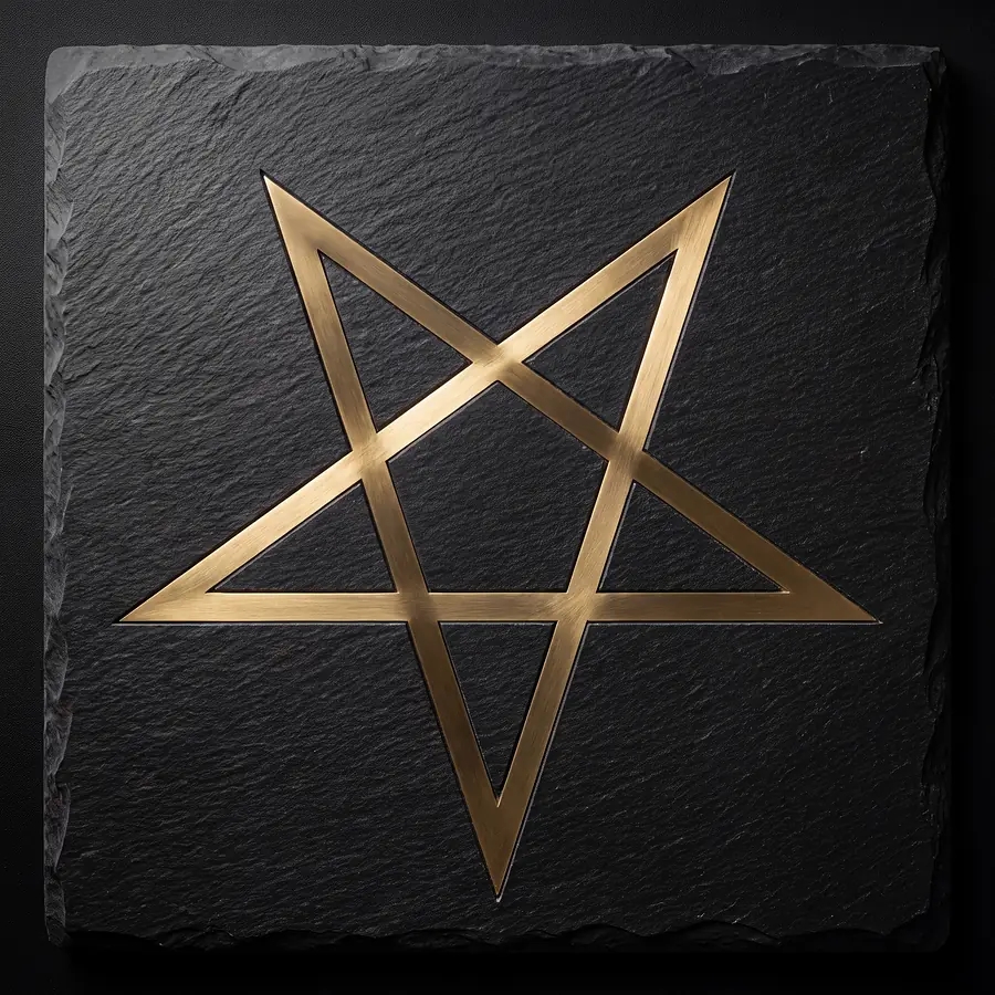Obrnuti pentagram, urezano u crni škriljevac, rez zaliven zlatom